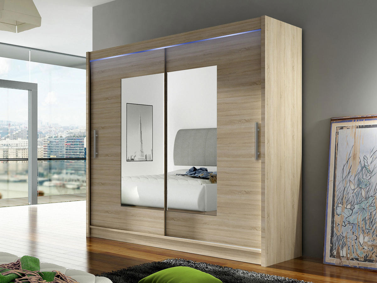 KLEIDERSCHRANK London VII, mit RGB LED Beleuchtung - Silberfarben/Sonoma Eiche, Holzwerkstoff/Kunststoff (180/215/58cm) - MIRJAN24
