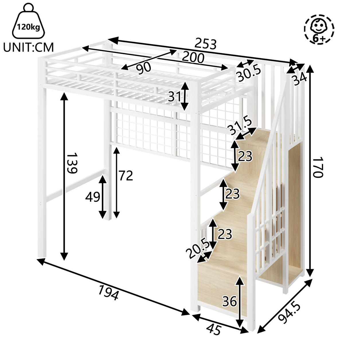 HOCHBETT 90/200 cm in Weiß mit Kleiderschrankleiter und LED-Beleuchtung - Weiß, Metall (90/200cm) - Flora Grace