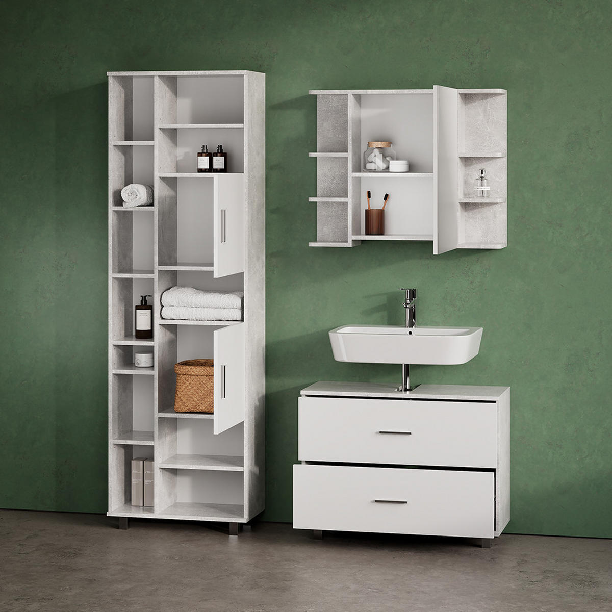 BADMÖBEL-SET Eisak Beton 3 Teile, mit Hochschrank - Schieferfarben/Weiß, Holzwerkstoff (80/60/33cm) - Livinity®