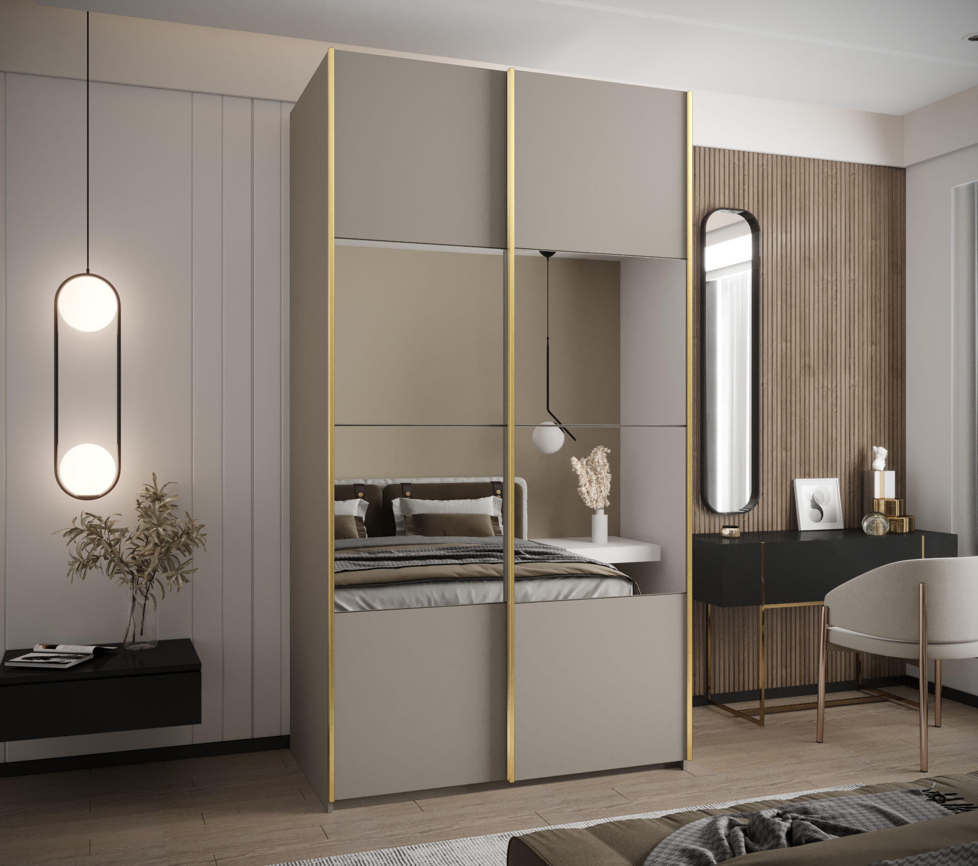 SCHWEBETÜRENSCHRANK 245,5/140/64 2-türig - Kaschmir/Goldfarben, Holz/Metall (140/245/64cm) - Abiks Möbel