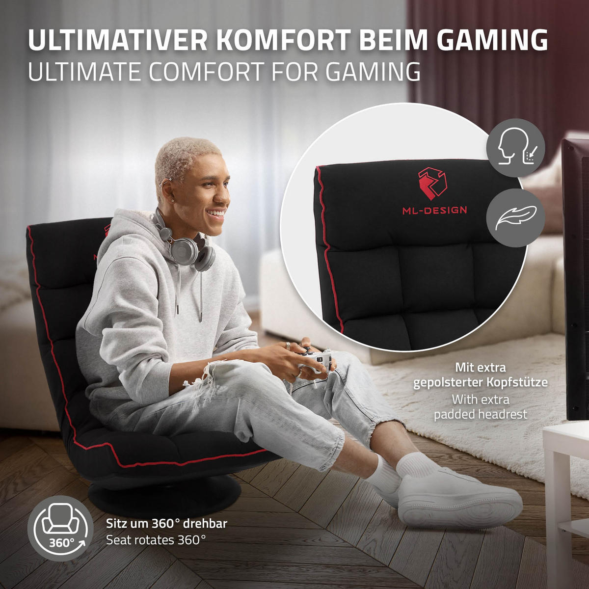 GAMINGOVÁ ŽIDLE NA ZEM Černá-červená látkový potah Otočná o 360° a nastavitelná - černá/červená, textil (56/85/92cm) - ML-DESIGN