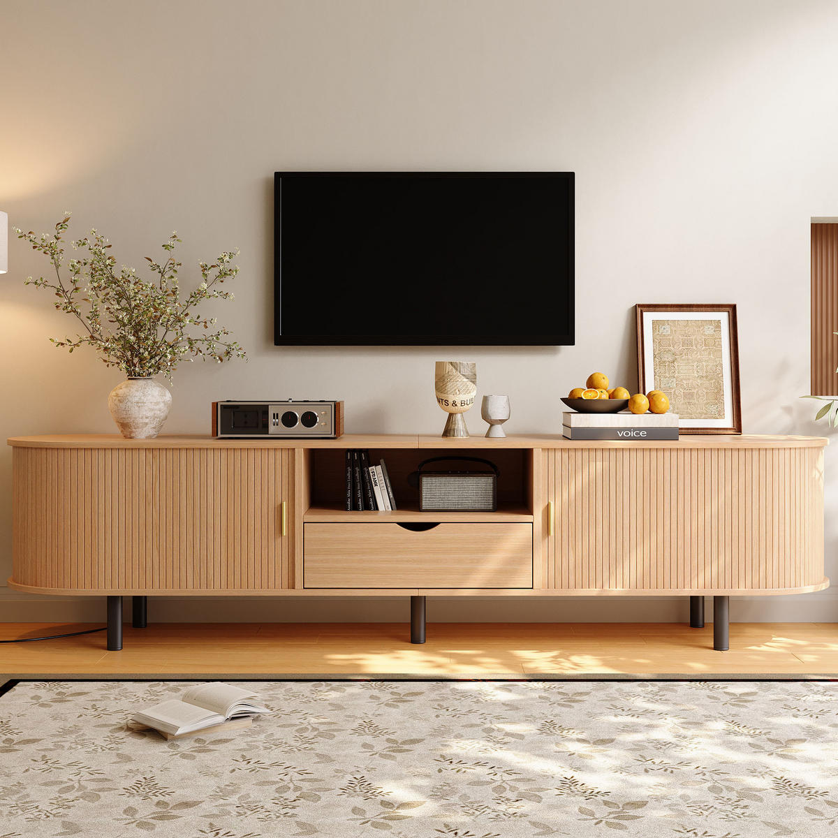 TV-SCHRANK mit abgerundeten Kanten und Rollo-Tür aus MDF 175 × 40 × 55 cm - Naturfarben, Holzwerkstoff (175/55/40cm) - Luhomfu