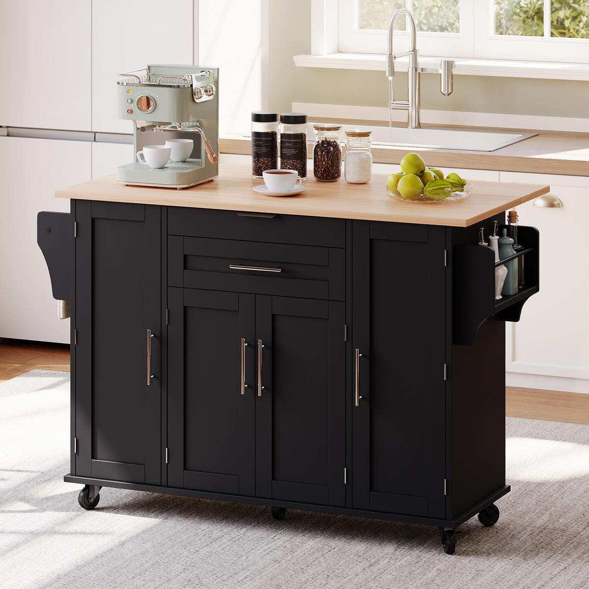 KÜCHENINSEL Schwarz aus MDF mit ausklappbarer Arbeitsverlängerung 136 × 70 × 92 cm - Schwarz, Holzwerkstoff (136/92/70cm) - Luhomfu