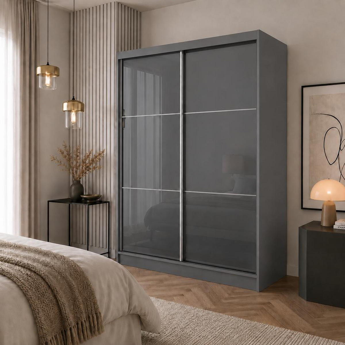 SKŘÍŇ s posuvnými dveřmi Viva 150/216/61 grafit s Lacobel sklem - grafitová, kompozitní dřevo (150/216/61cm) - Beautysofa