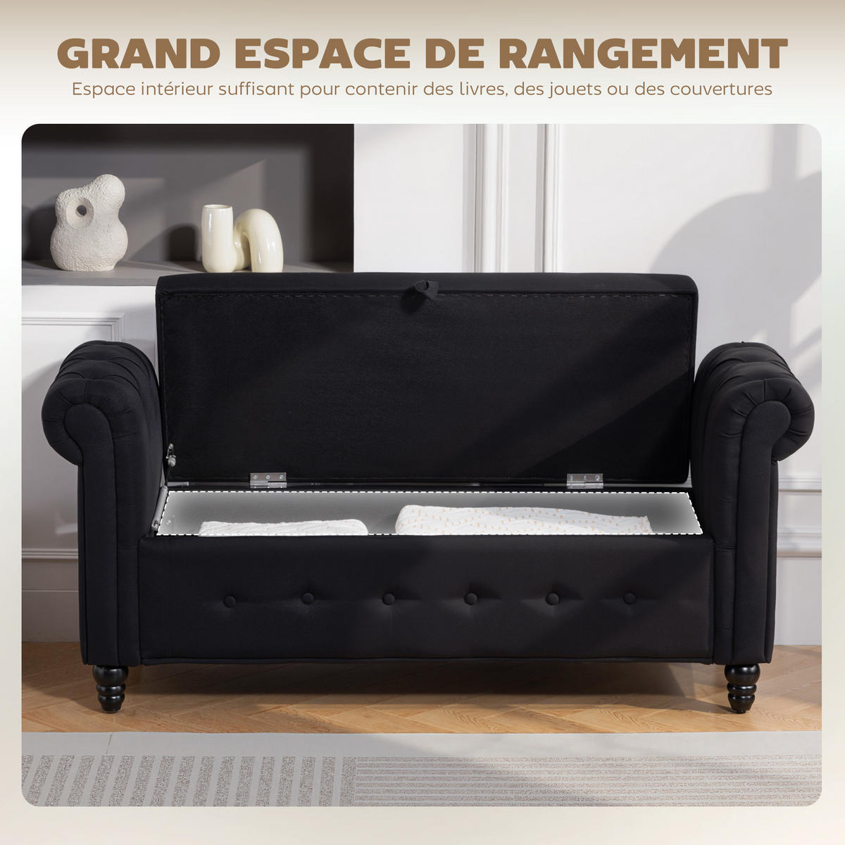 TRUHENBANK DE-16448 2-in-1 mit Stauraum Schwarz - Schwarz, Textil (146.5/72/49cm) - ComfortXL
