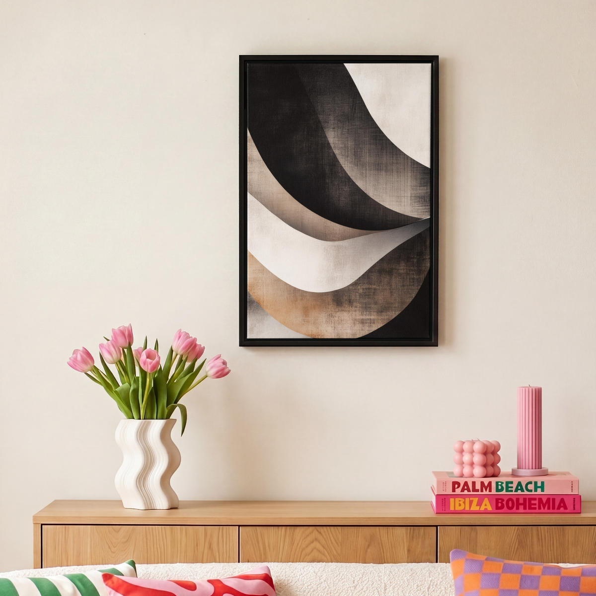 LEINWAND Bilder mit Rahmen - Abstrakt - Wellen - Schwarz - Verwittert - 20x30 - Trüffeleichefarben, Textil (20/30cm) - MuchoWow