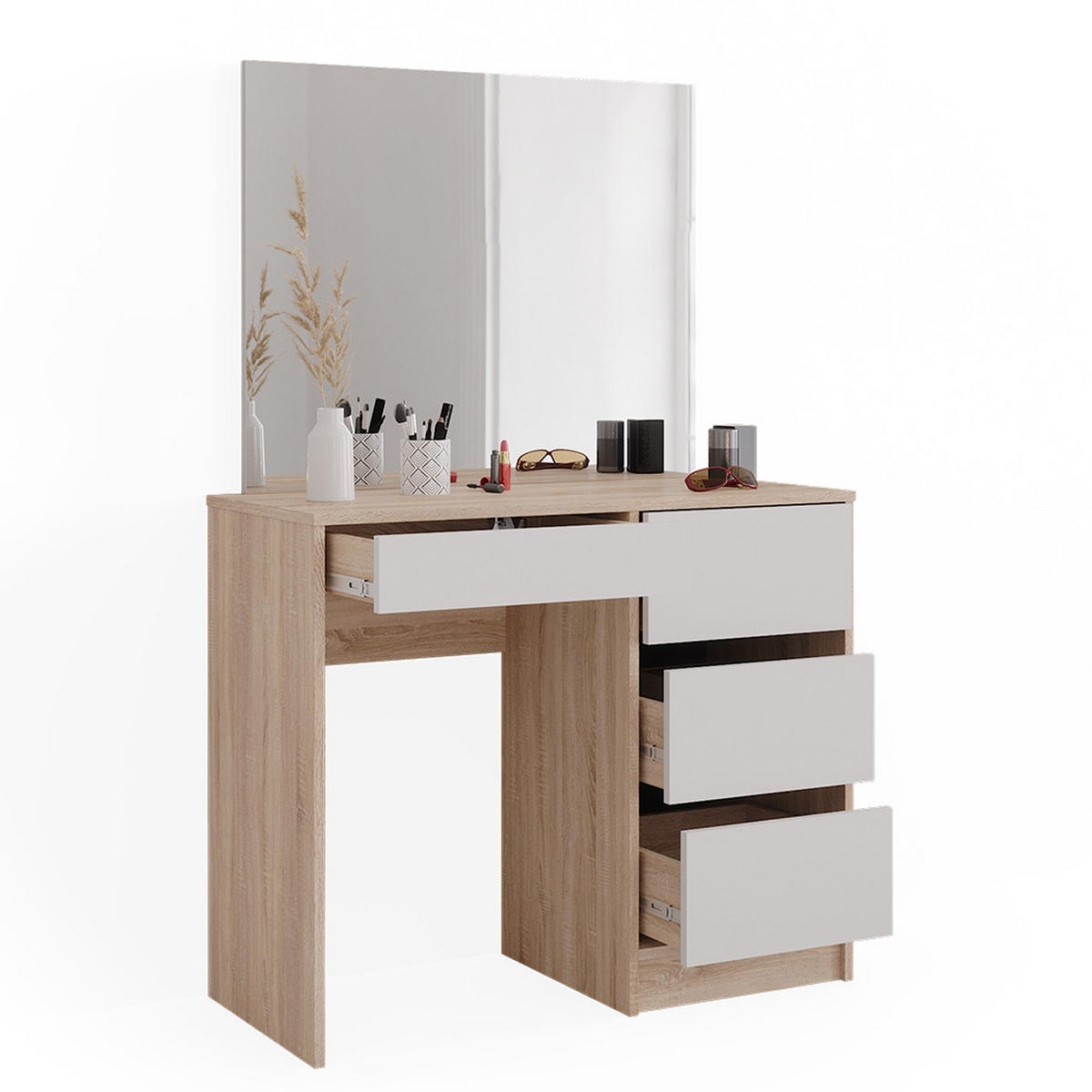 SCHMINKTISCH Sherry Sonoma 90 cm mit Spiegel - Weiß/Sonoma Eiche, Holzwerkstoff (90/75/40cm) - Vicco