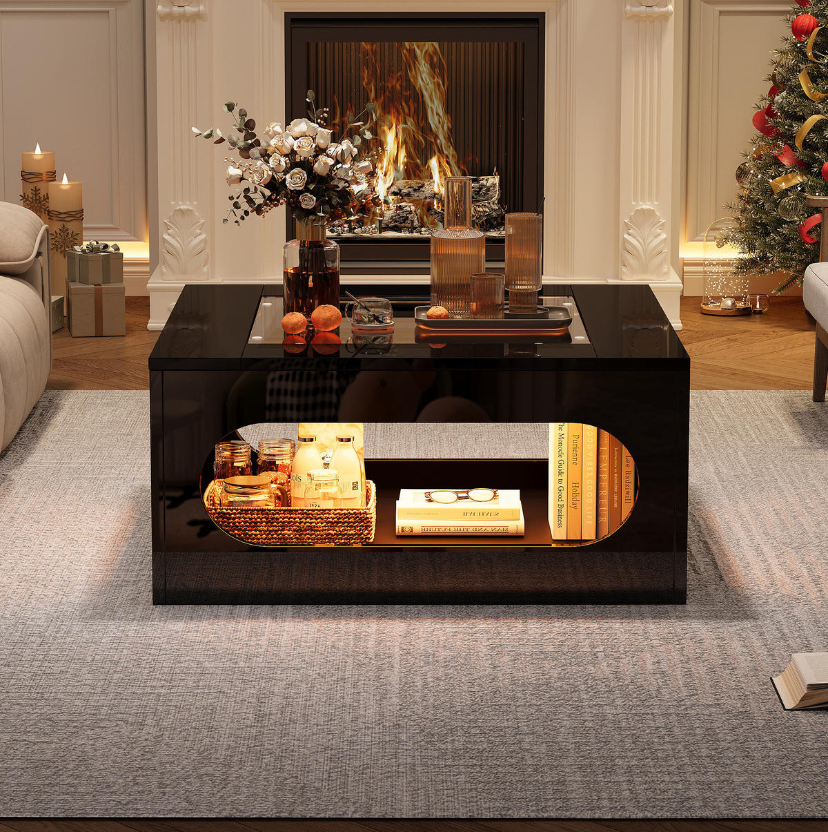 COUCHTISCH 70/70 cm mit LED-Beleuchtung und Ablagefach, Glasplatte, Schwarz - Schwarz, Holzwerkstoff (70/70/35cm) - BEAOK