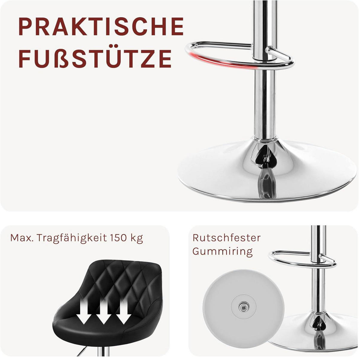 BARHOCKER, Kunstleder, Höhenverstellbar, 360° Drehbar - Schwarz, Metall (47/104/39cm) - Woltu