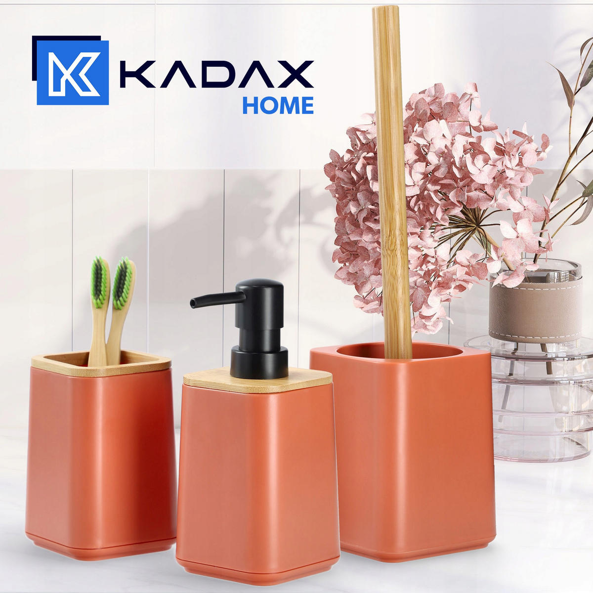 BADEZIMMERSET Seifenspender + Badezimmerbecher + Toilettenbürste, rosa - Rosa, Kunststoff (9/32cm) - KADAX