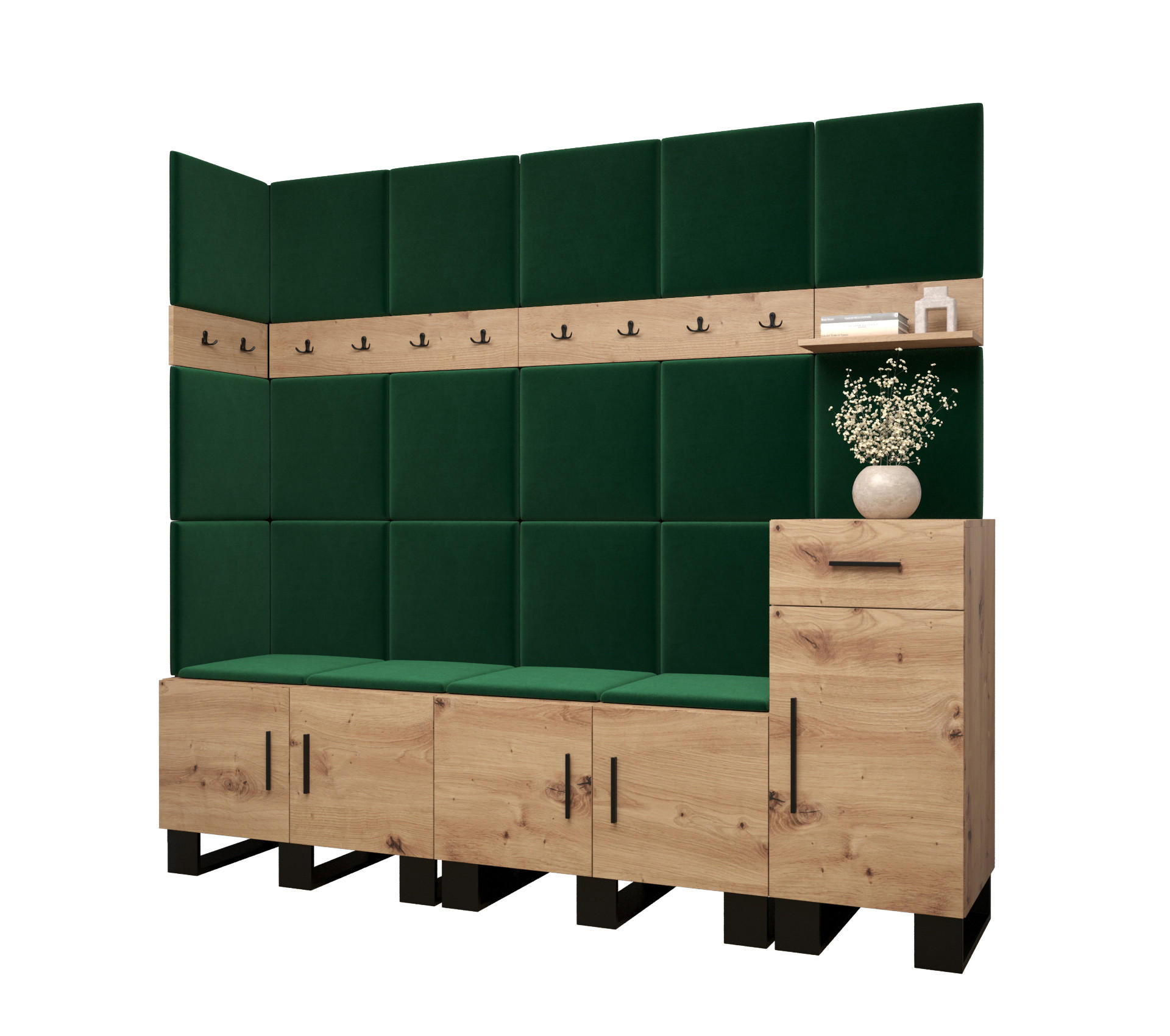 Abiks Möbel Garderoben-Set Eiche Artisan, Waldgrün 210x196x45.6 cm