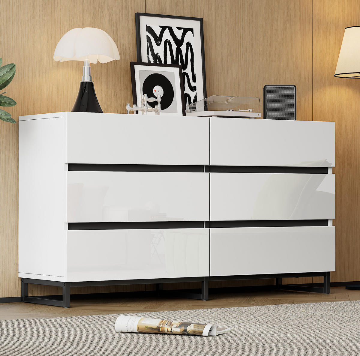 SIDEBOARD 140/39,5/78,5 cm so 6 zásuvkami, vysokým leskom a stabilnými kovovými nožičkami, Biela+Čierna - biela, kompozitné drevo (140/78.5/39.5cm) - Redom