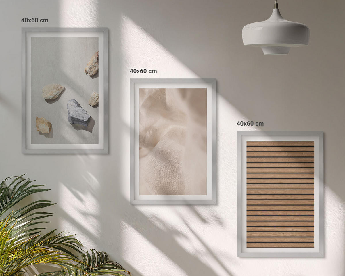 BILDER SET 3er Set - 40x60 cm Silberner Rahmen - Steine, Holz, Stofftexturen - Silberfarben, Kunststoff (40/60cm) - TULUP