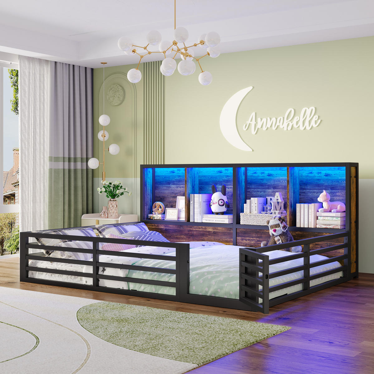 KINDERBETT aus MDF & Metall 140x200 cm in Schwarz mit LED-Beleuchtung - Schwarz, Metall (140/200cm) - Modfu