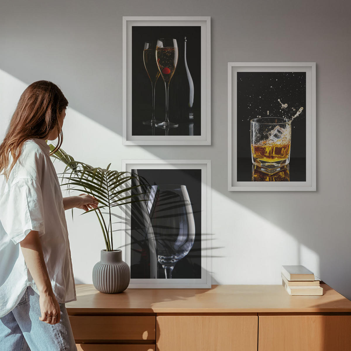 WANDBILDER 3er-Set - 40x60 cm Weißer Rahmen - Weingläser und Whiskygläser auf schwarzem Hintergrund - Weiß, Kunststoff (40/60cm) - ArtPrintCave