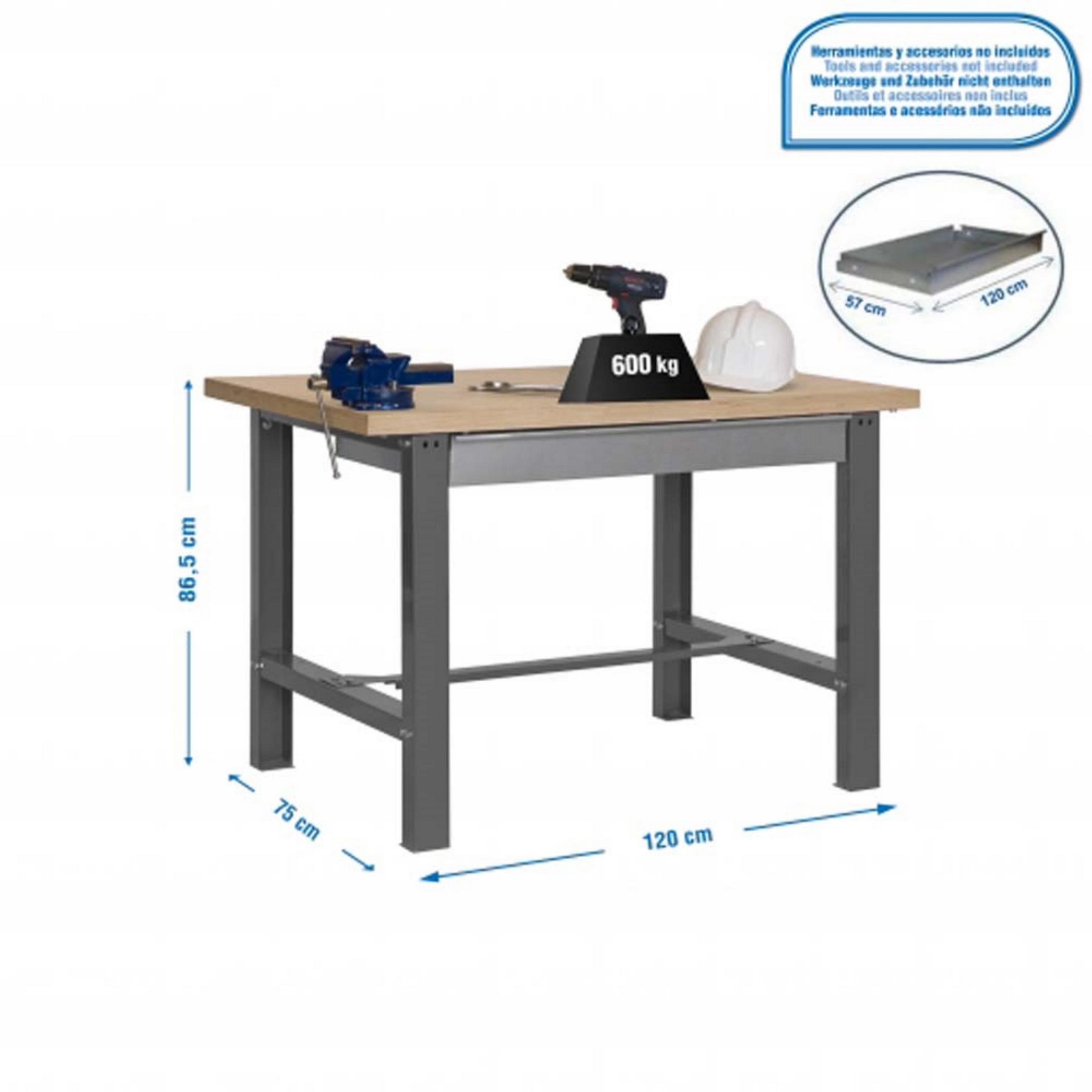 WERKBANK BUFFALO WOOD mit Schublade | HxBxT 87x120x75cm | Traglast 600kg | Grau - Grau, Metall (120/87/75cm) - PROREGAL