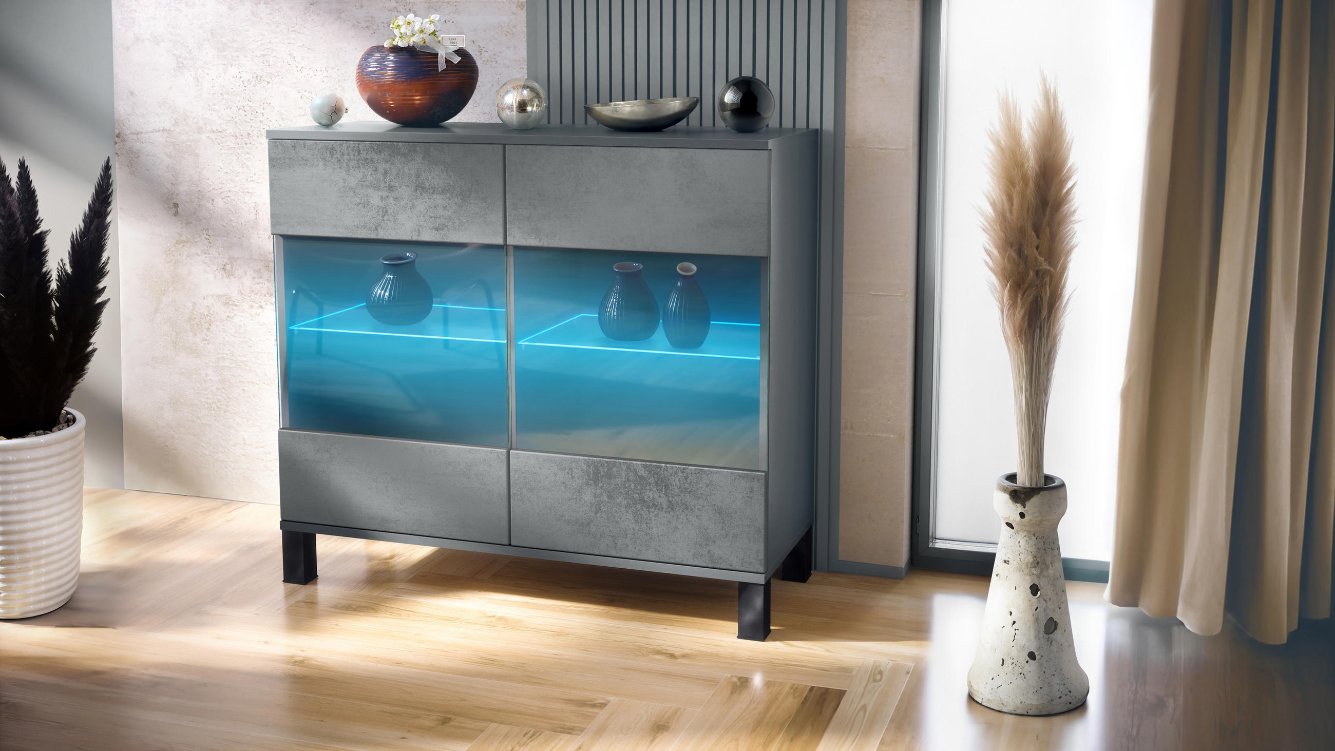 KOMMODE Bari Beton Dunkel Optik - Dunkelgrau, Holzwerkstoff (92.5/84.5/35cm) - Vladon