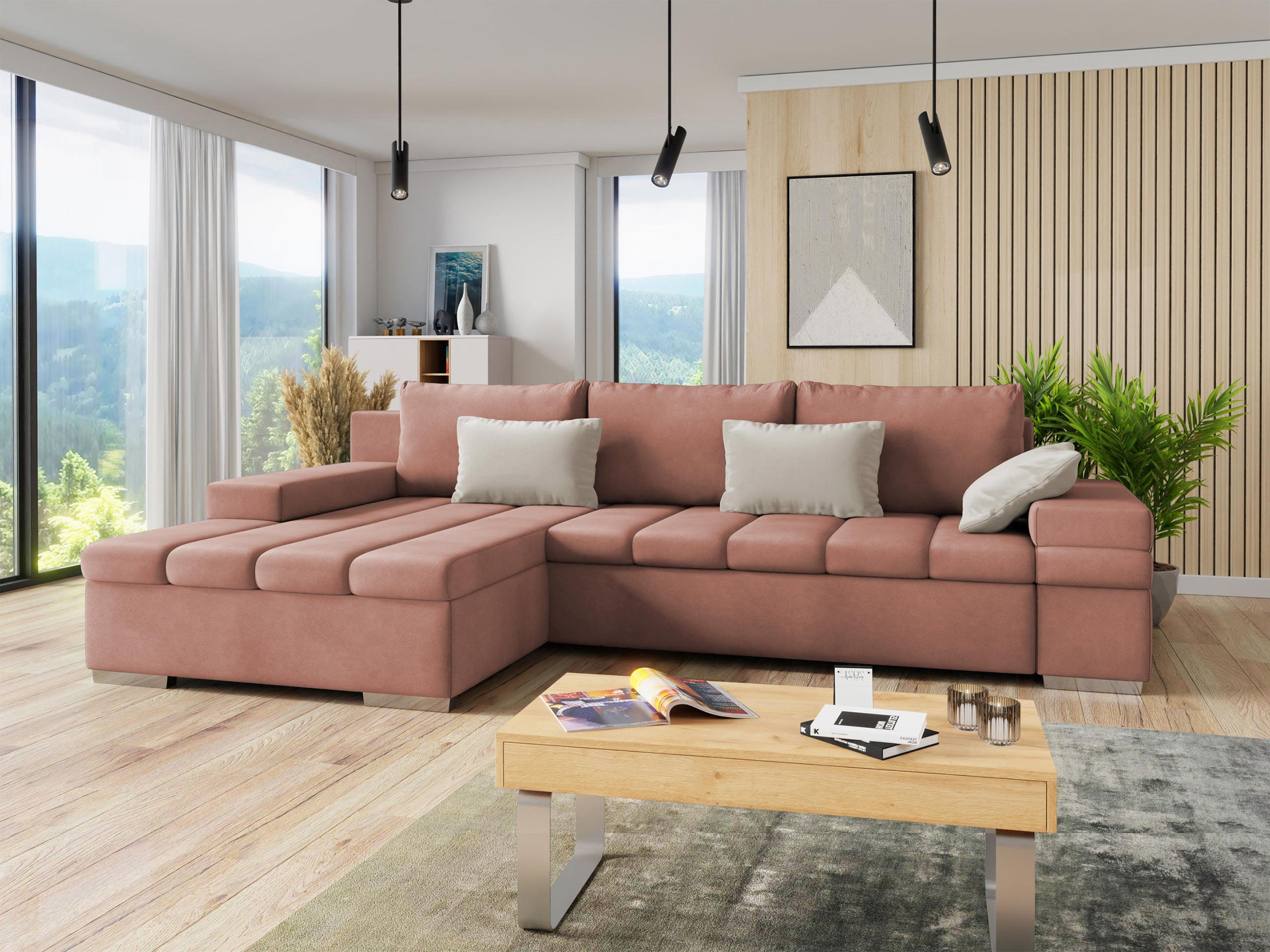 ECKSOFA Bangkok, Seite: Links - Silberfarben/Rosa, Holz/Textil (310/175cm) - MIRJAN24