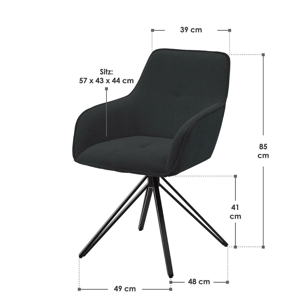 DREHSTUHL Clyde mit Armlehne cord dunkelgrau (2er-Set) - Dunkelgrau, Textil (57/85/61cm) - Juskys