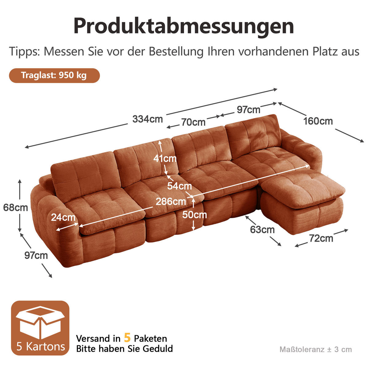 ECKSOFA DE-34464 4-Sitzer L-Form mit Ottoman Orange - Orange, Textil (160/334cm) - ComfortXL