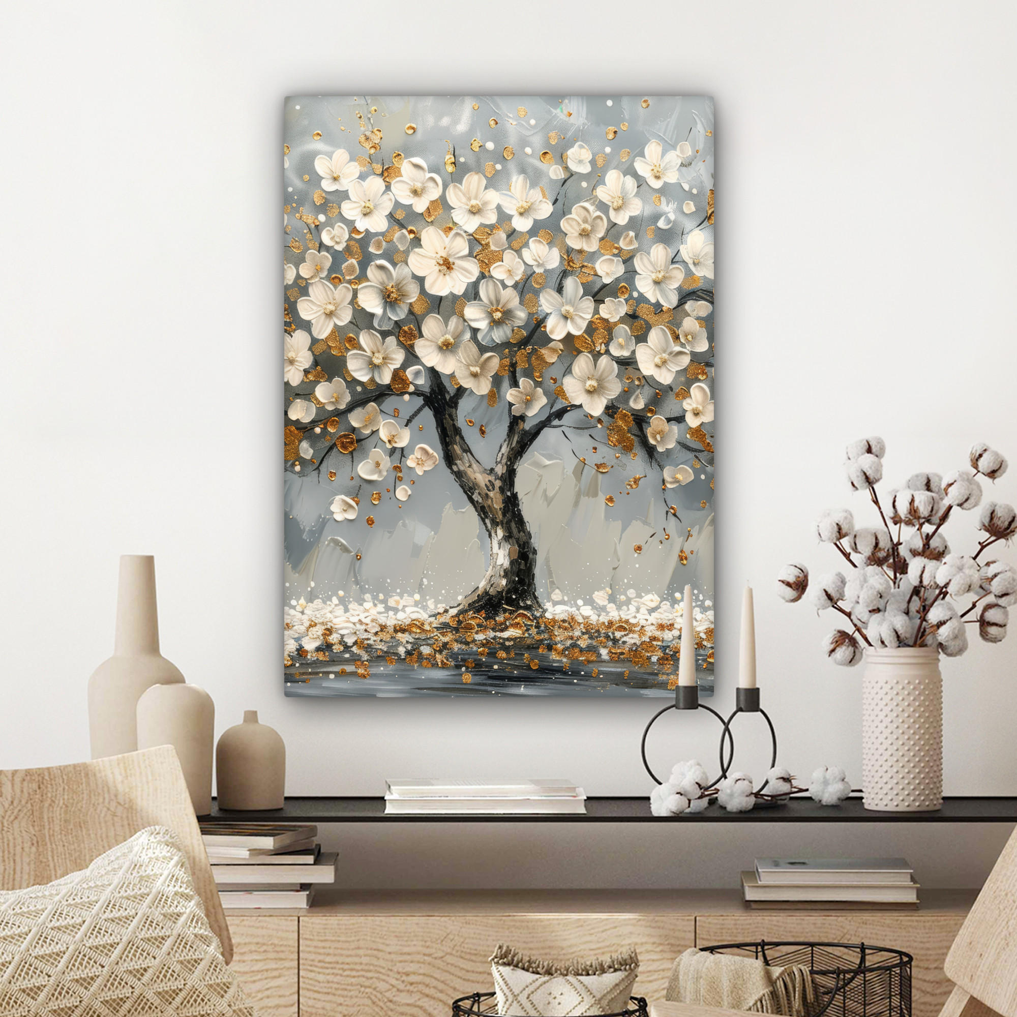 LEINWANDBILD Baum - Blumen - Weiß - Natur - Kunst 60x80 cm - Weiß, Textil (60/80cm) - MuchoWow