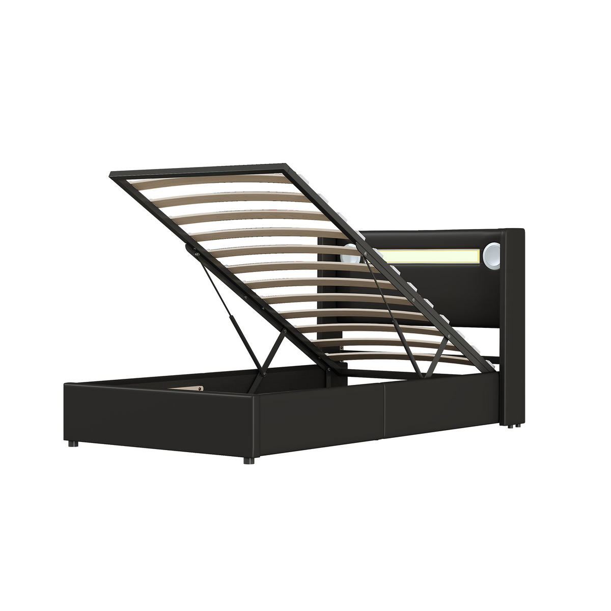 POLSTERBETT 90/200 cm schwarz mit LED-Beleuchtung und Bluetooth-Player - Schwarz, Kunststoff (90/200cm) - OKWISH