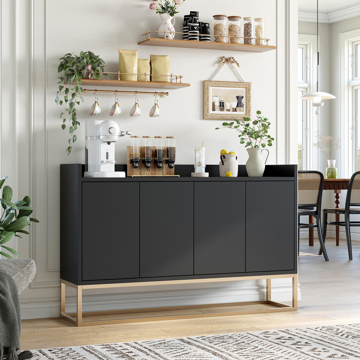 SIDEBOARD, 120/80/30 cm, mit 4 Türen, MDF, schwarz - Schwarz, Holz/Metall (120/80/30cm) - GENKI LIVING