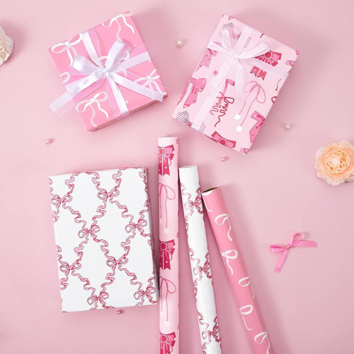 GESCHENKPAPIER 3 Rollen Set Rosa Schleife 43 cm x 3 m - Rosa, Papier (0.1/0.1/0.1cm)