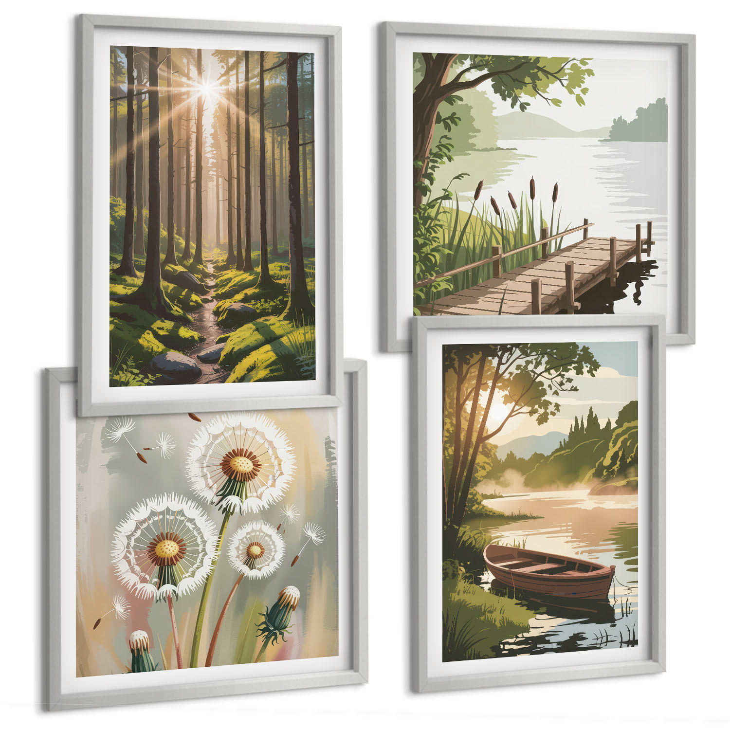 BILDER SET 4er Set - 50x50 cm & 40x60 cm Silberner Rahmen - Waldlandschaft, See Łódź - Silberfarben, Kunststoff (50/50cm) - TULUP