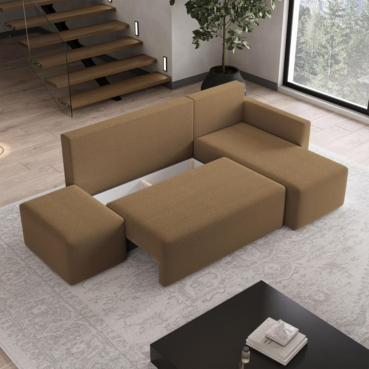 ECKSOFA VELOTTI R-S Orange Boucle-Stoff mit Schlaffunktion - Orange, Holz (261/143cm) - MASSENO