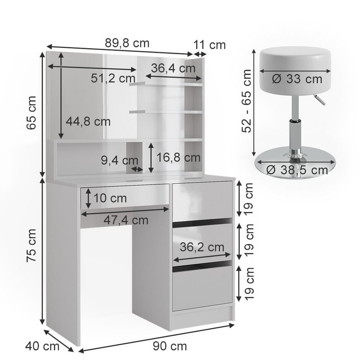 SCHMINKTISCH Sherry Weiß 140 cm mit Hocker - Weiß, Holzwerkstoff (40/75/140cm) - Vicco
