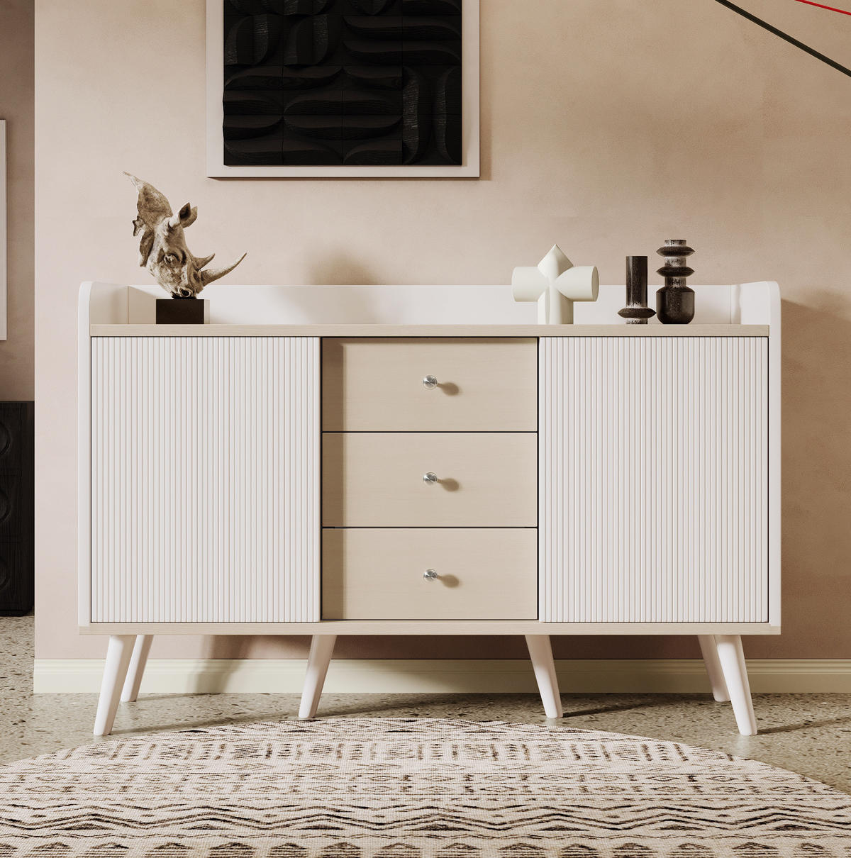 SIDEBOARD 117,5/70/80 cm weiß/holzfarben aus MDF mit Schiebetüren - Weiß, Holzwerkstoff (117/80/70cm) - OKWISH