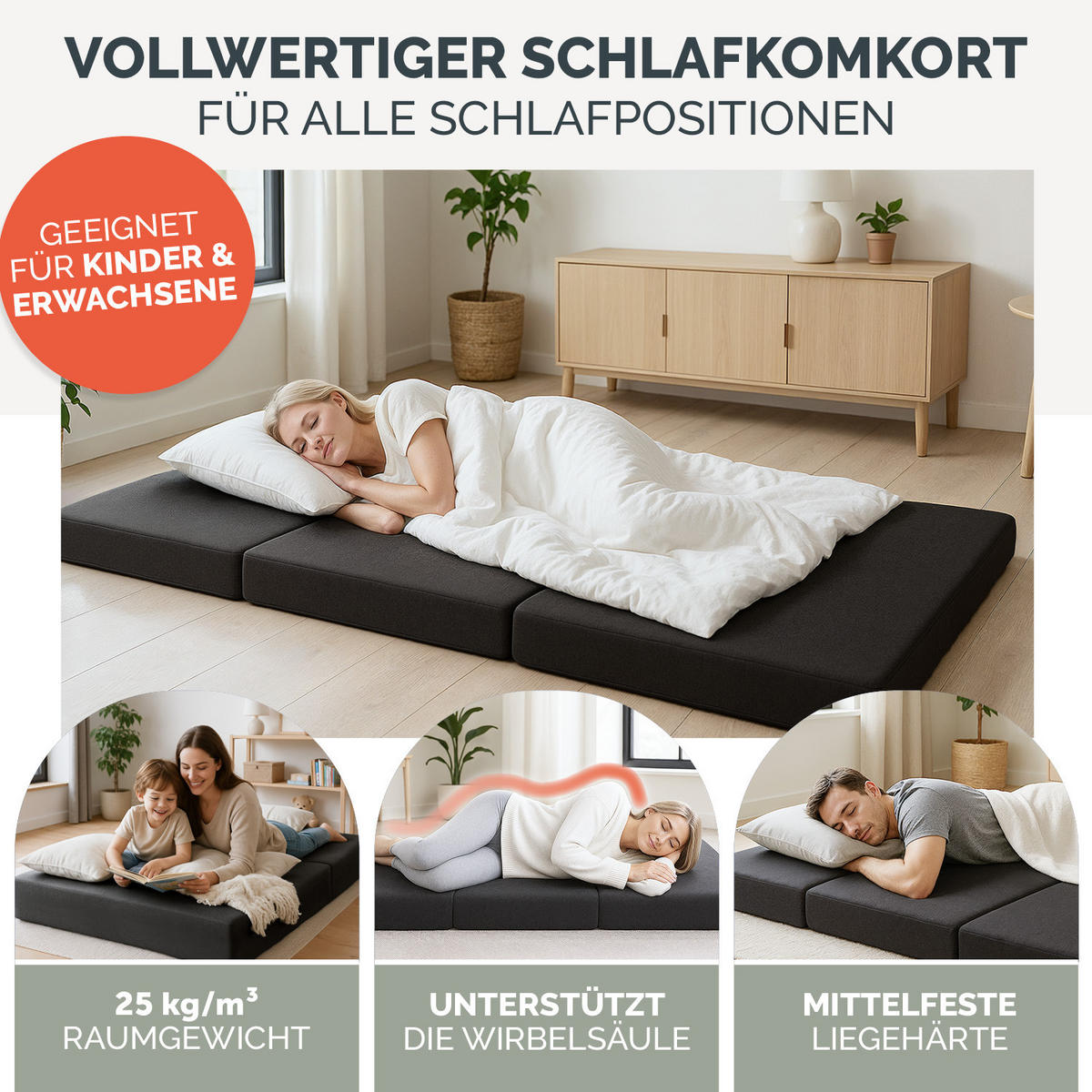 KLAPPMATRATZE 90x200 cm - 3teilig in Anthrazit - Anthrazit, Textil - Blumtal