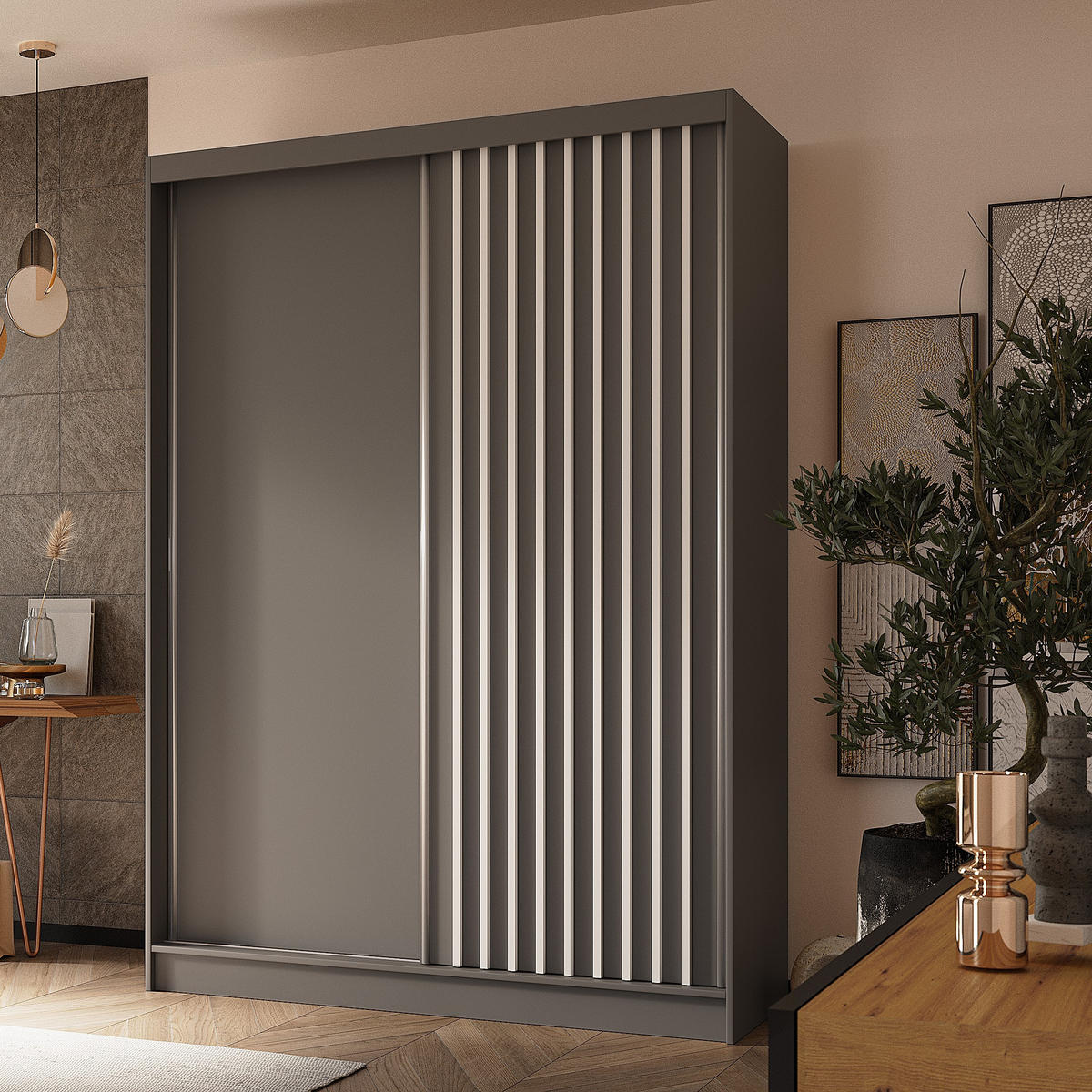 SCHWEBETÜRENSCHRANK LAMELLO 150/216/61 cm 2-türig Grau - Grau, Holzwerkstoff (150/216/61cm) - MASSENO