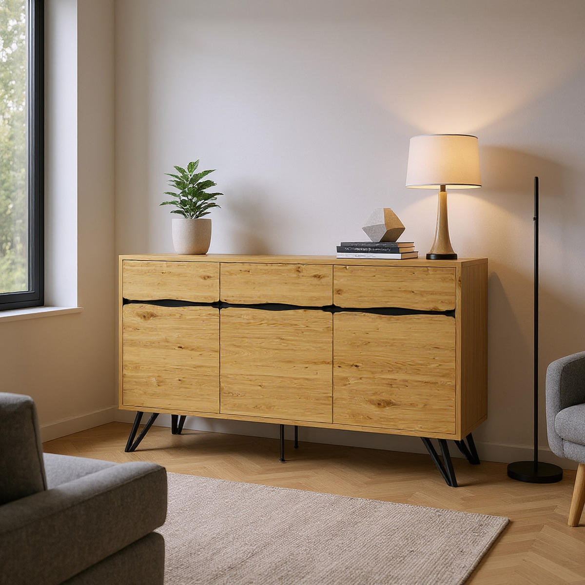 SIDEBOARD Eiche Nachbildung mit 4 Türen und Stabilem Gestell - Eichefarben, Holzwerkstoff/Metall (140/75.5/40cm) - Urban Meuble