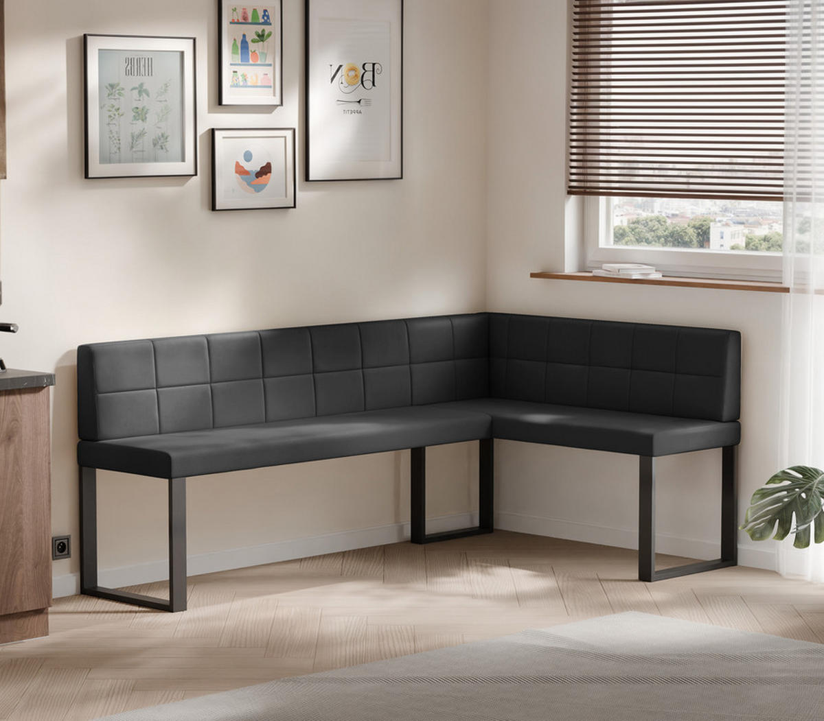 ECKBANK rechts SANA U Kunstleder gesteppt, 128/168 cm Schwarz - Schwarz, Kunststoff/Textil (128/168cm) - Idohome