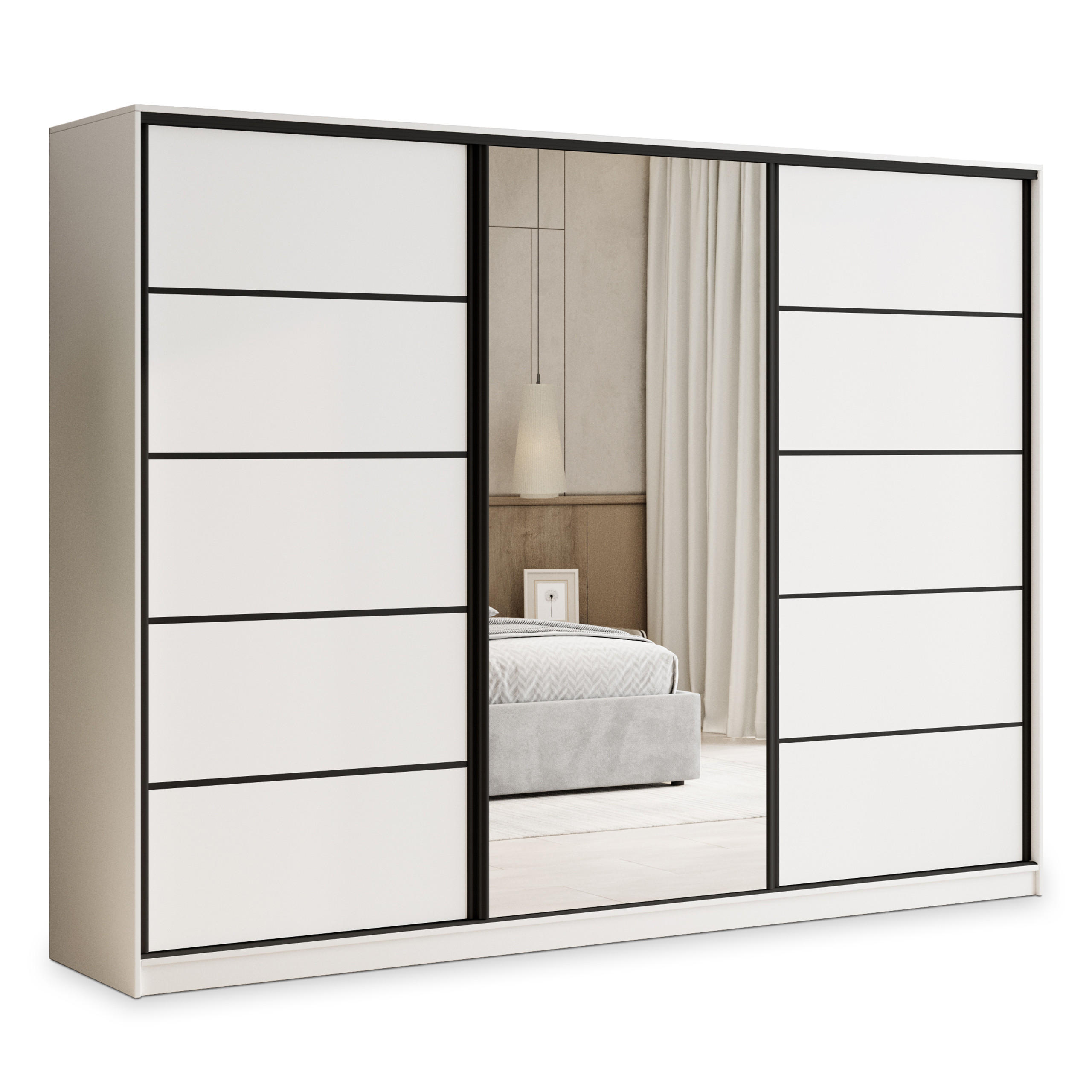 SCHWEBETÜRENSCHRANK PINA 270/205/58 cm 3-türig mit Spiegel und 4 Schubladen Weiß - Weiß, Holzwerkstoff (270/205/58cm) - MASSENO