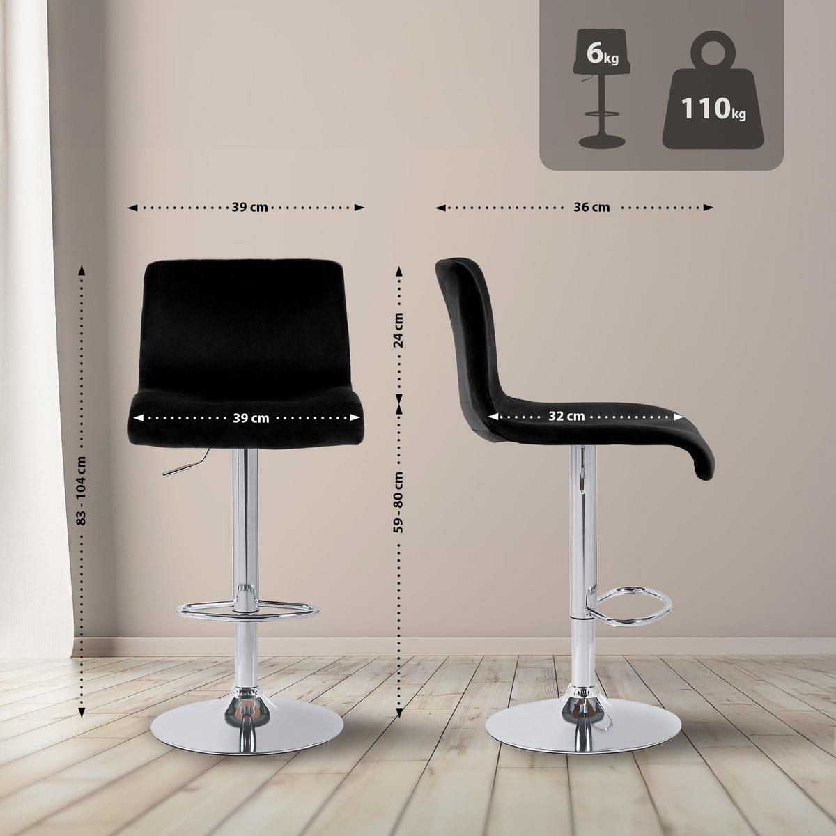 BARHOCKER Samt Schwarz - Schwarz, Textil (39/83/36cm) - CLP