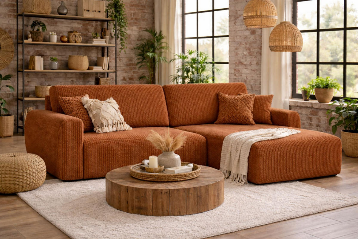 ECKSOFA Mit Schlaffunktion Ariel L, Cordstoff, Stoff Poso, Kupfer, Rechts - Orange, Holz (250/142cm) - Kaiser Möbel