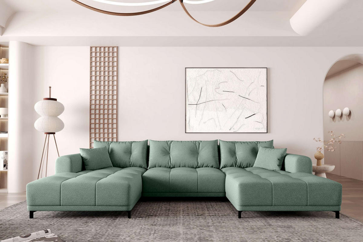 WOHNLANDSCHAFT Strukturstoff Salbeigrün inkl. Schlaffunktion - Salbeigrün/Schwarz, Textil/Metall (348/94/181cm) - 99rooms