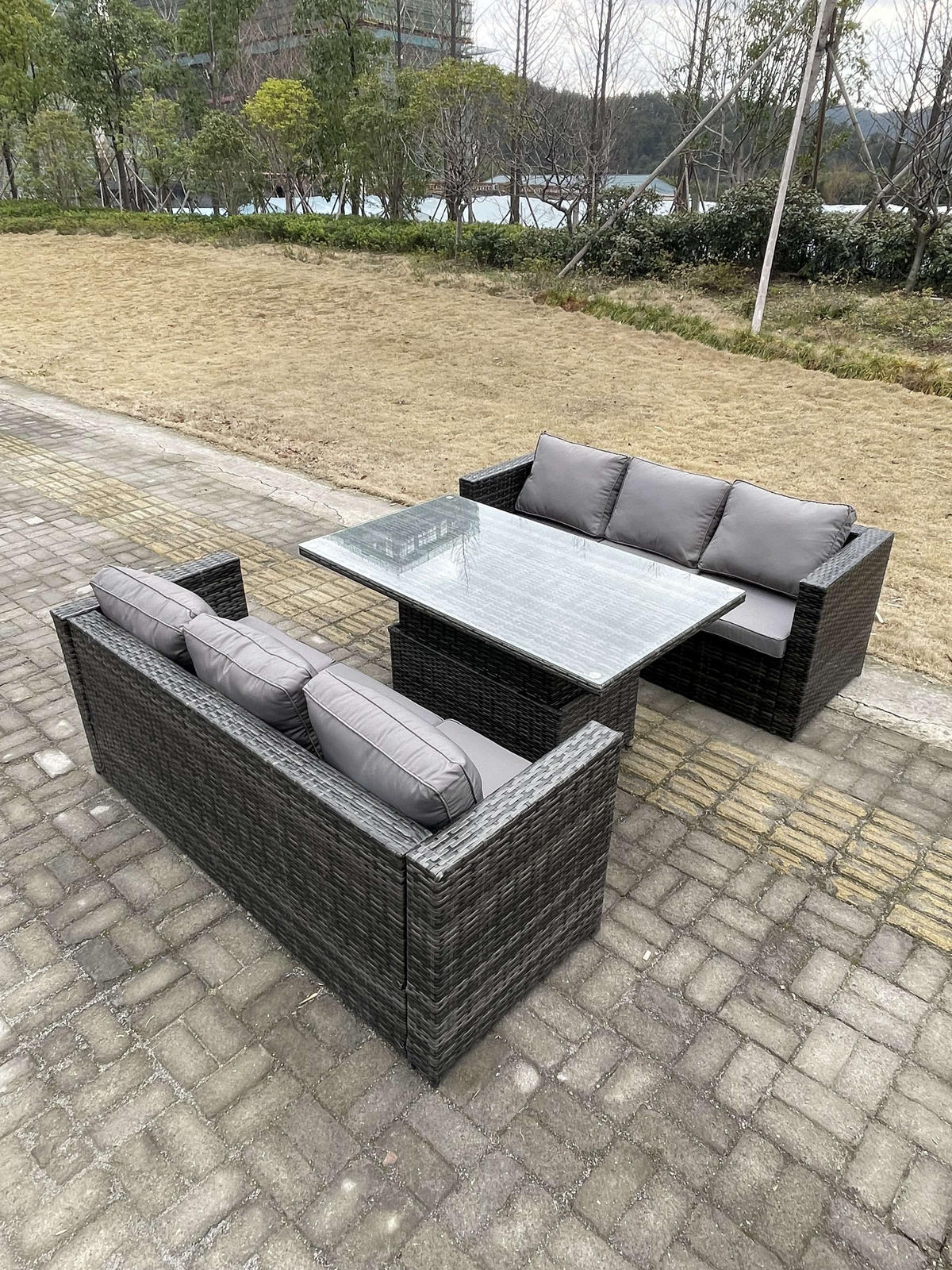 GARTENSOFA SET Polyrattan 6-Sitzer - Dunkelgrau/Grau, Glas/Kunststoff - Fimous
