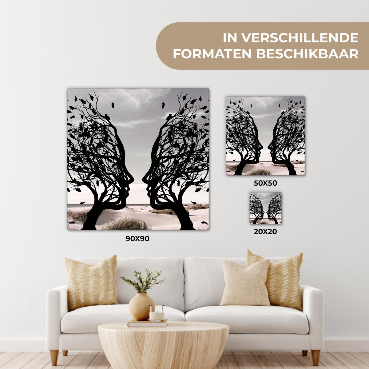 LEINWANDBILD Strand - Meer - Menschen - Baum - Moderne Kunst Deko Groß 90x90 cm - Hellgrau, Textil (90/90cm) - MuchoWow