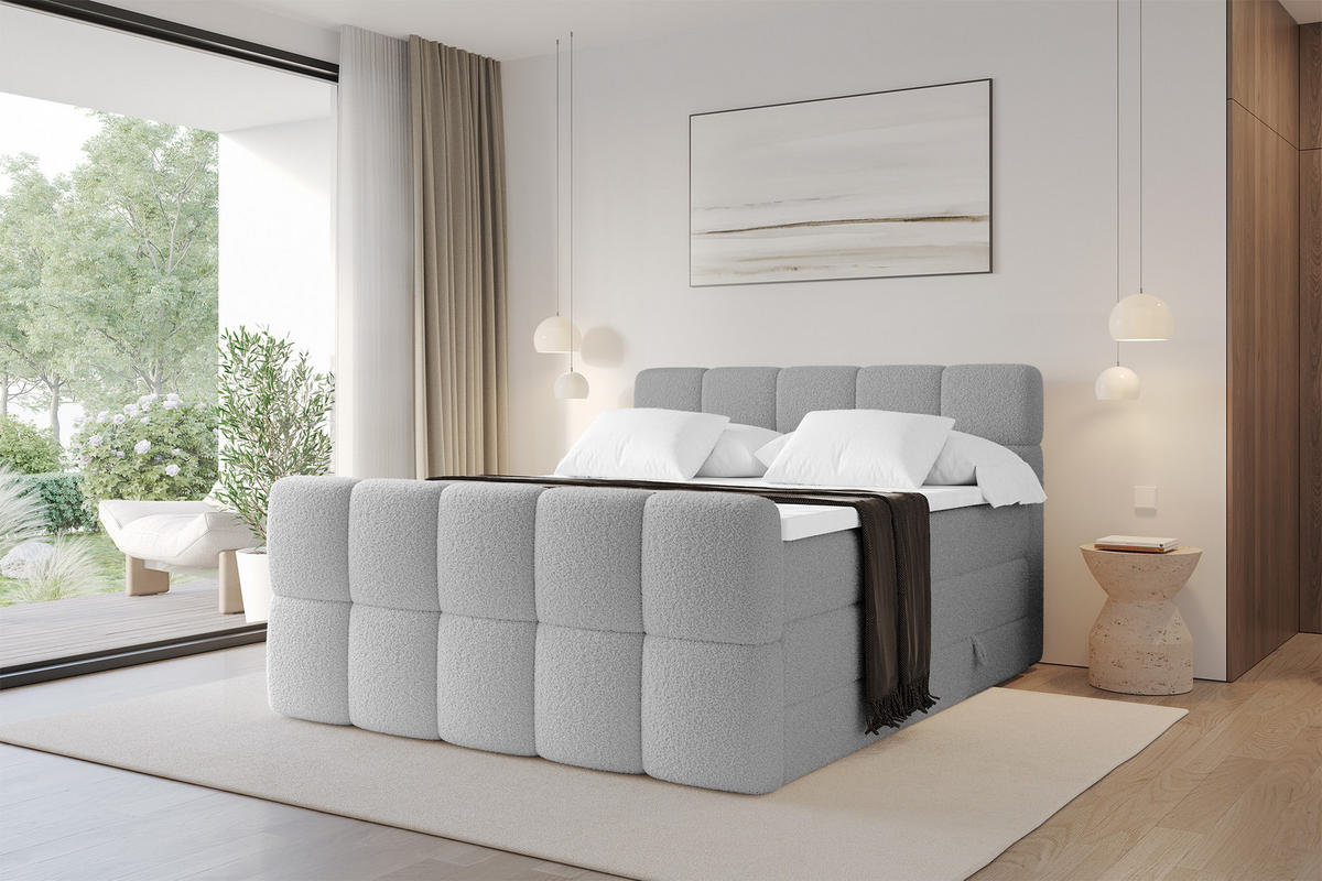 BOXBETT mit Matratze H3/H4 - FAMA-Z KING - 180x200 cm Hellgrau Quelle - Hellgrau, Holzwerkstoff (180/200cm) - ALTDECOR