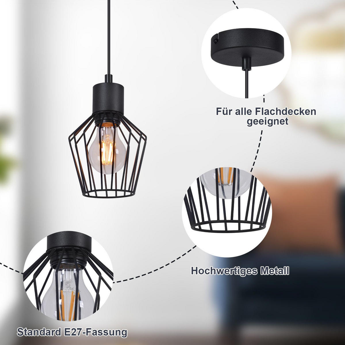 HÄNGELEUCHTE Franz 1-flammig 12/12/173 cm - Schwarz, Metall (12/12/173cm) - Nettlife