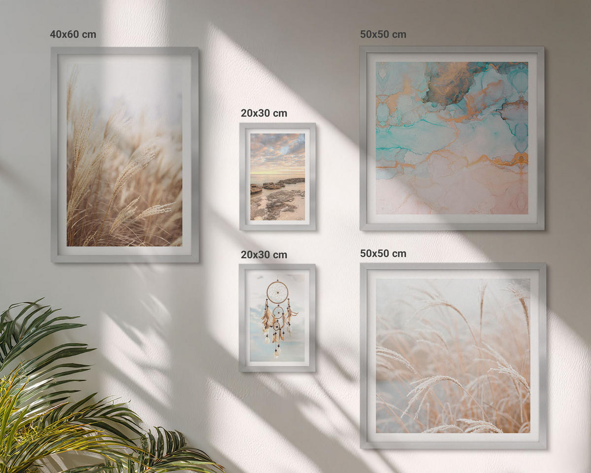 WANDBILDER 5er Set - 50x50 cm & 20x30 cm & 40x60 cm Silberner Rahmen - Strand, Boot, Muscheln, Gras, Boho-Stil - Silberfarben, Kunststoff (40/60cm) - ArtPrintCave