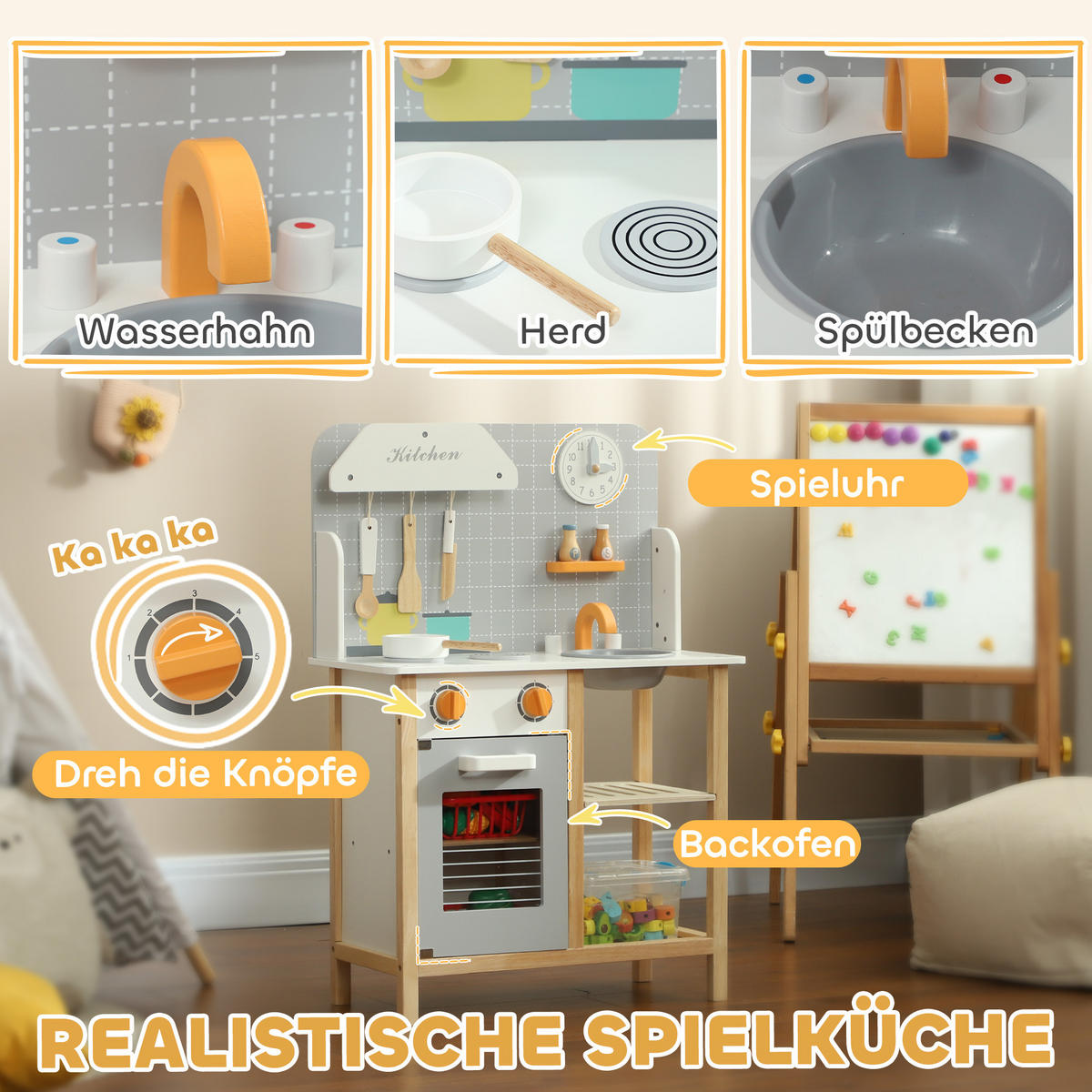 KINDERKÜCHE - Grau, Holzwerkstoff (57/26/82cm) - AIYAPLAY