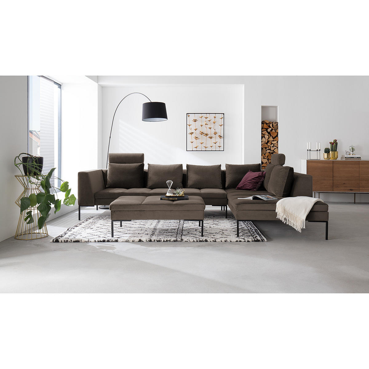 ECKSOFA mit Ottomane - Taupe/Schwarz, Textil/Metall (319/230cm) - home24