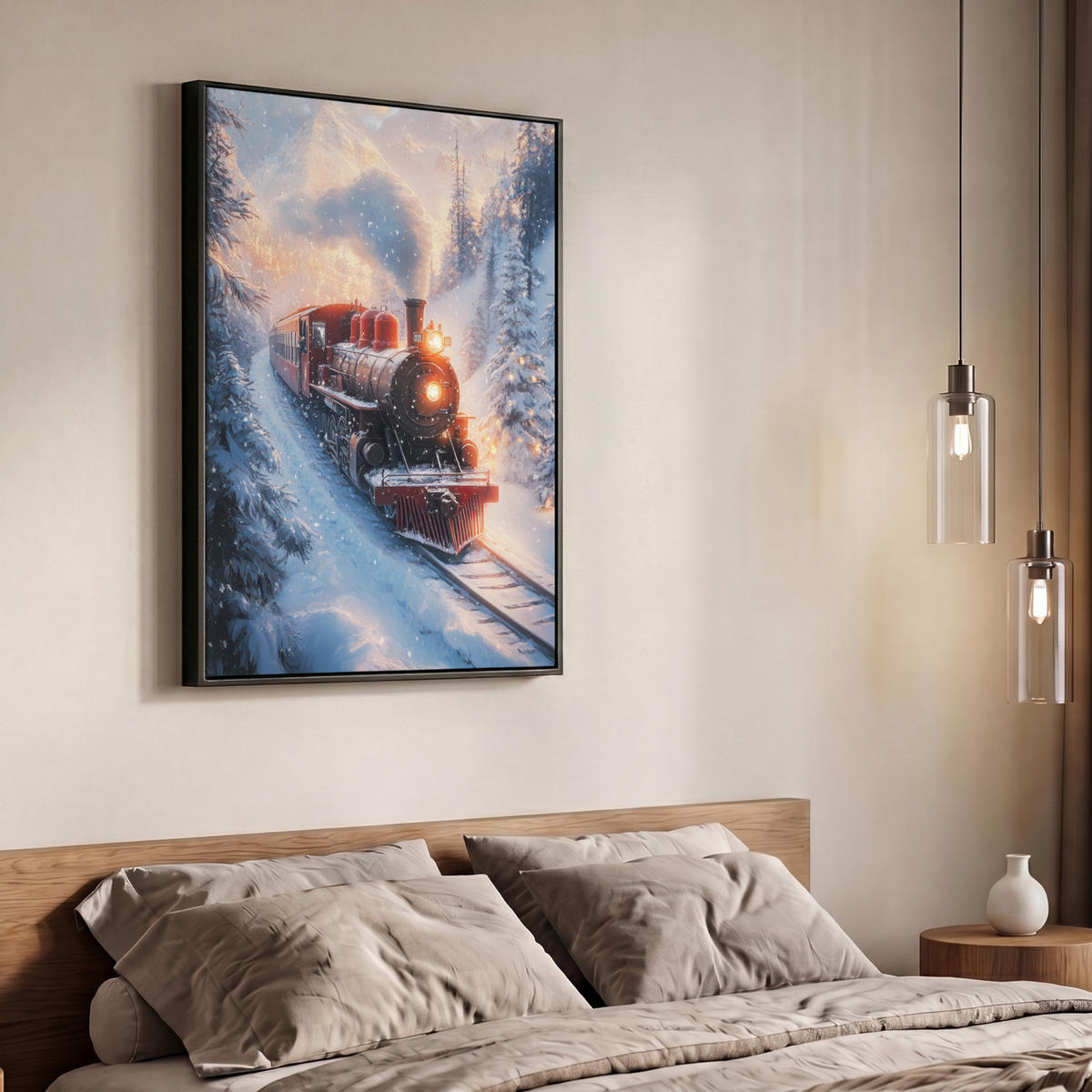 LEINWAND Bilder mit Rahmen - Weihnachtszug - Schnee - Winter - Weihnachten - 70x100 - Dunkelrot, Textil (70/100cm) - MuchoWow