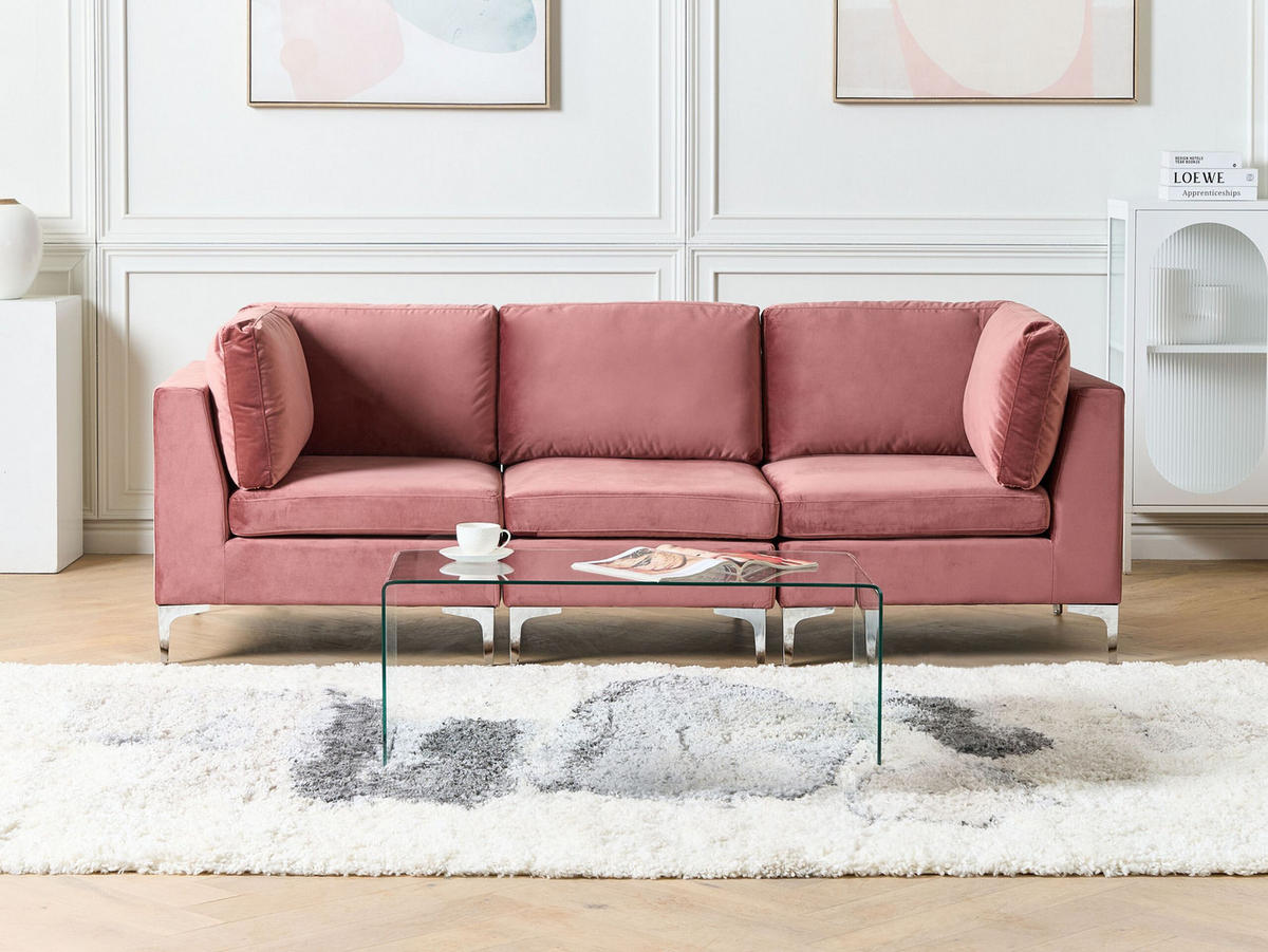 3-SITZER-MODULSOFA Samtstoff rosa mit Metallbeinen Evja - Pink, Textil (235/84/85cm) - Beliani