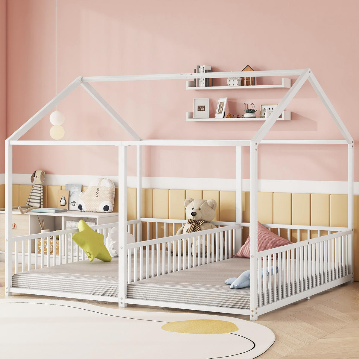 HAUSBETT Metallbett 90/200 cm mit Hausmodellierung und Geländer - Weiß, Metall (90/200cm) - OKWISH